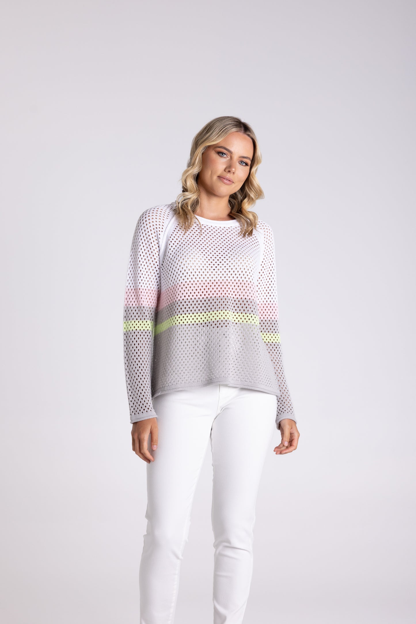 Pointelle Spliced Sweater - White Combo