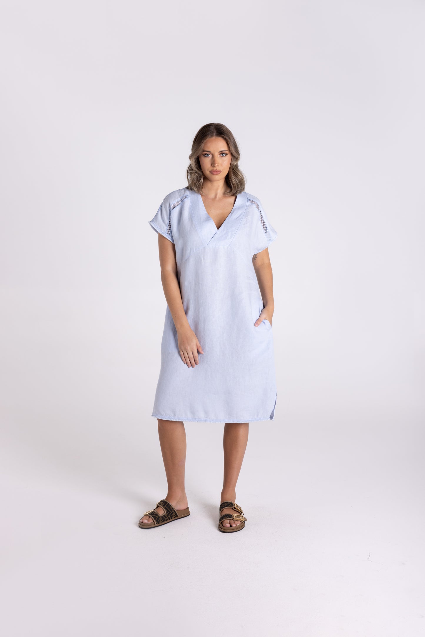 Linen Dress With Fringe Detail - Ice Blue