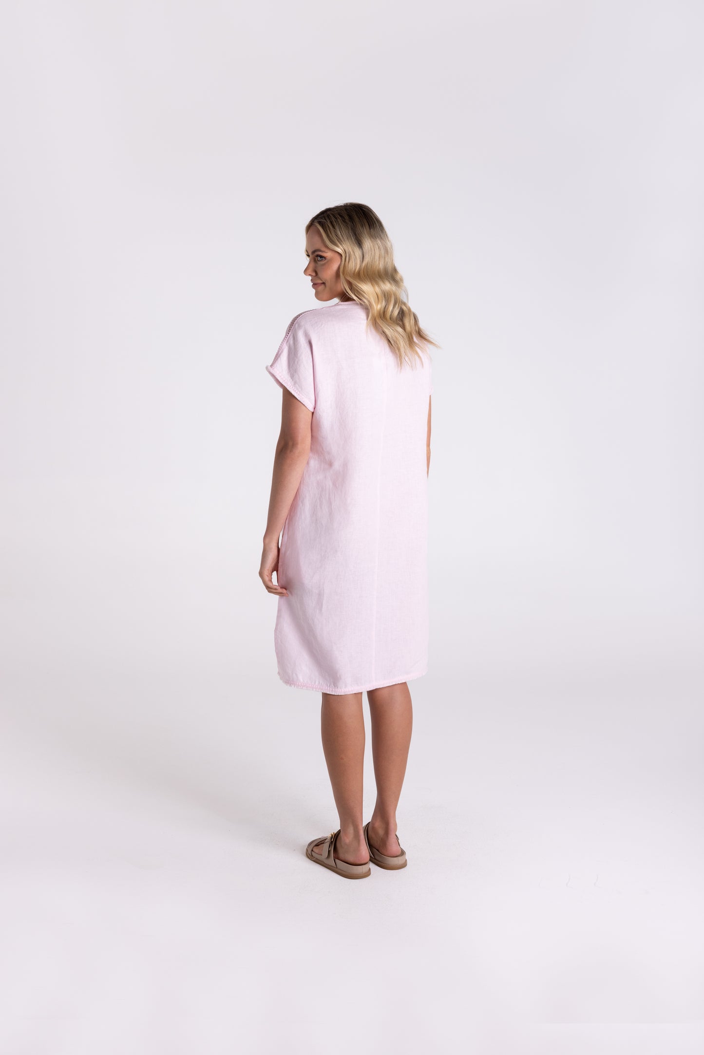 Linen Dress With Fringe Detail - Pink