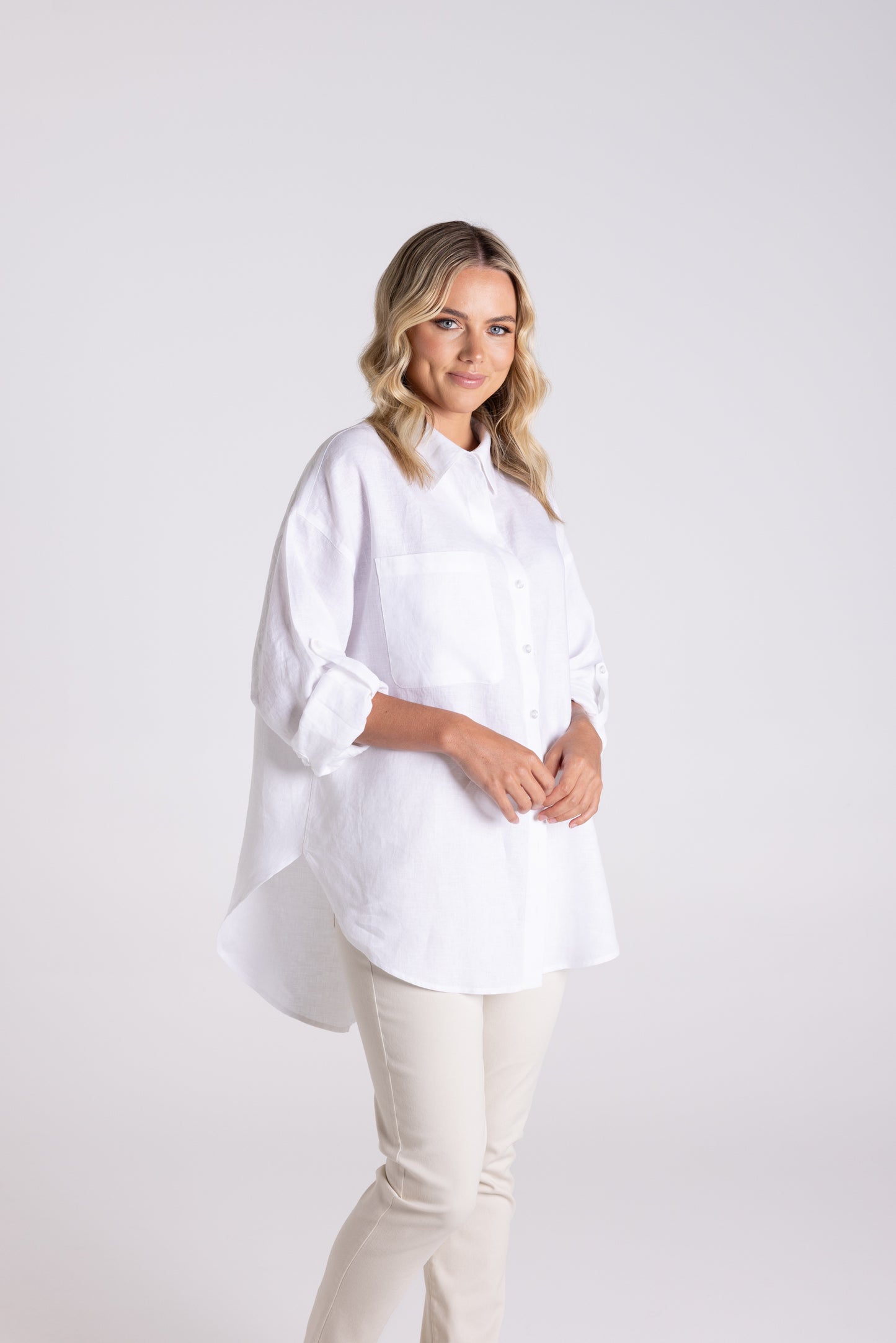 Dropped Shoulder Oversized Linen Shirt - White