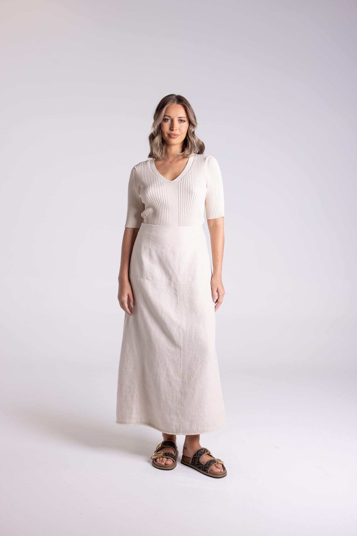 Linen Tweed Midi Skirt - Natural