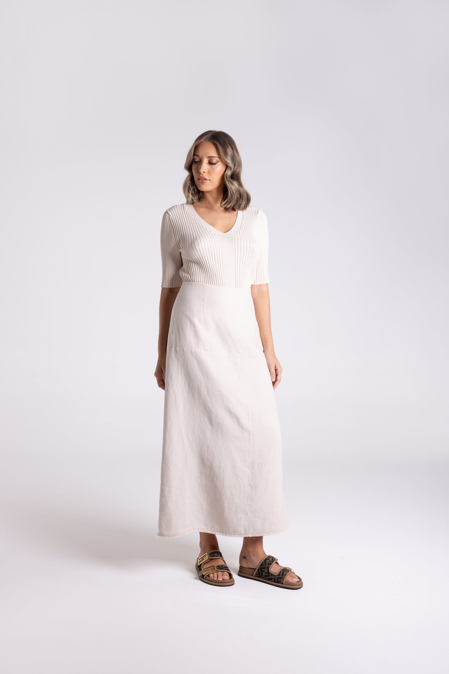 Linen Tweed Midi Skirt - Natural