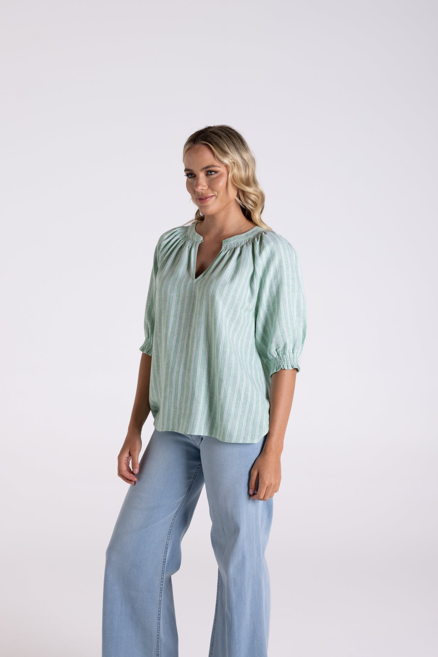 Linen Viscose Stripe Top - Fern