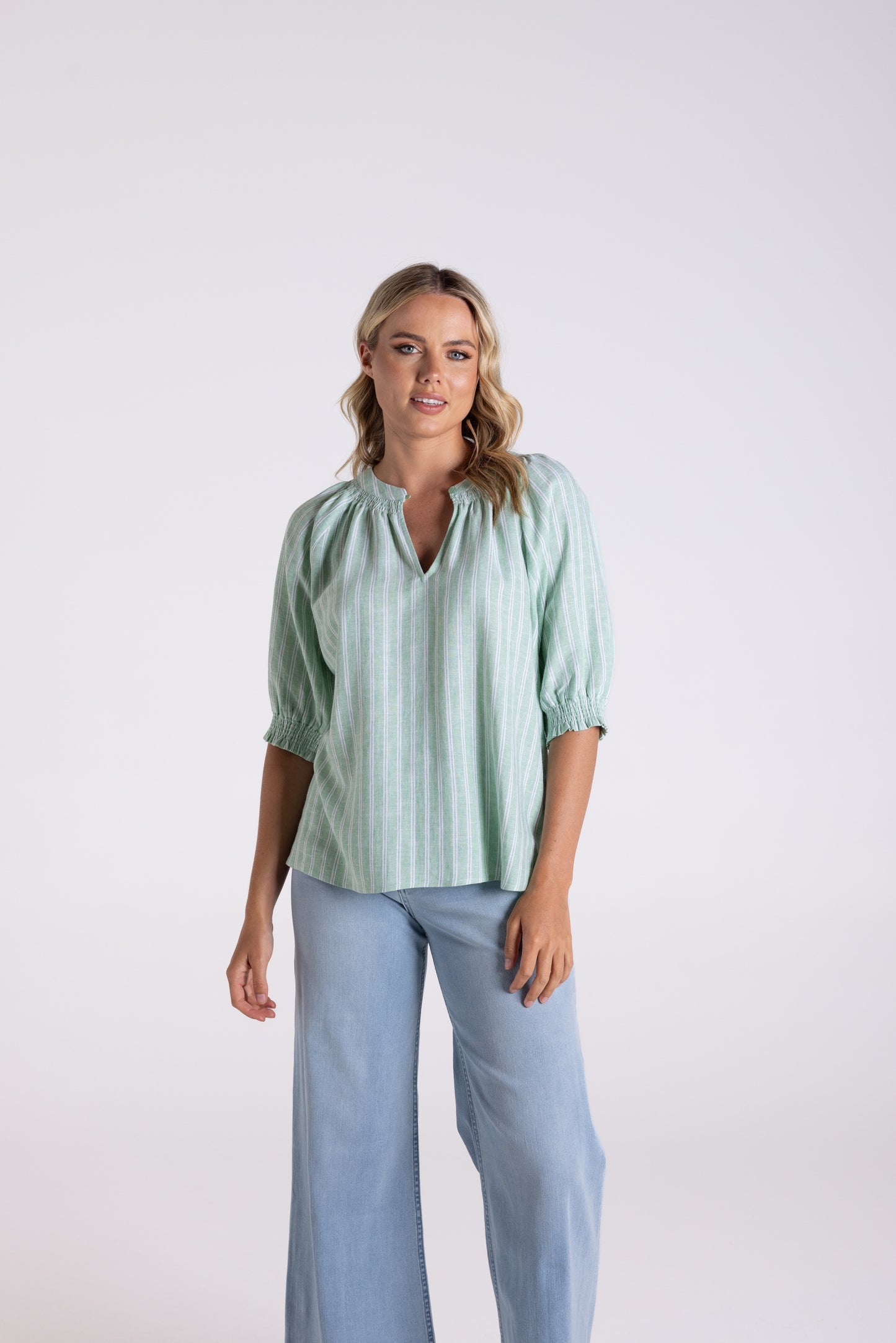 Linen Viscose Stripe Top - Fern