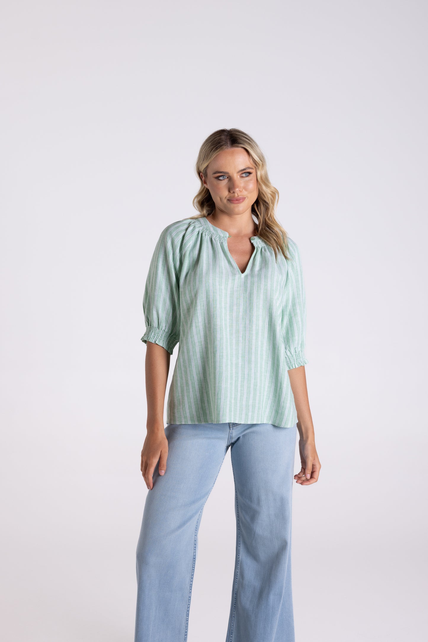 Linen Viscose Stripe Top - Fern