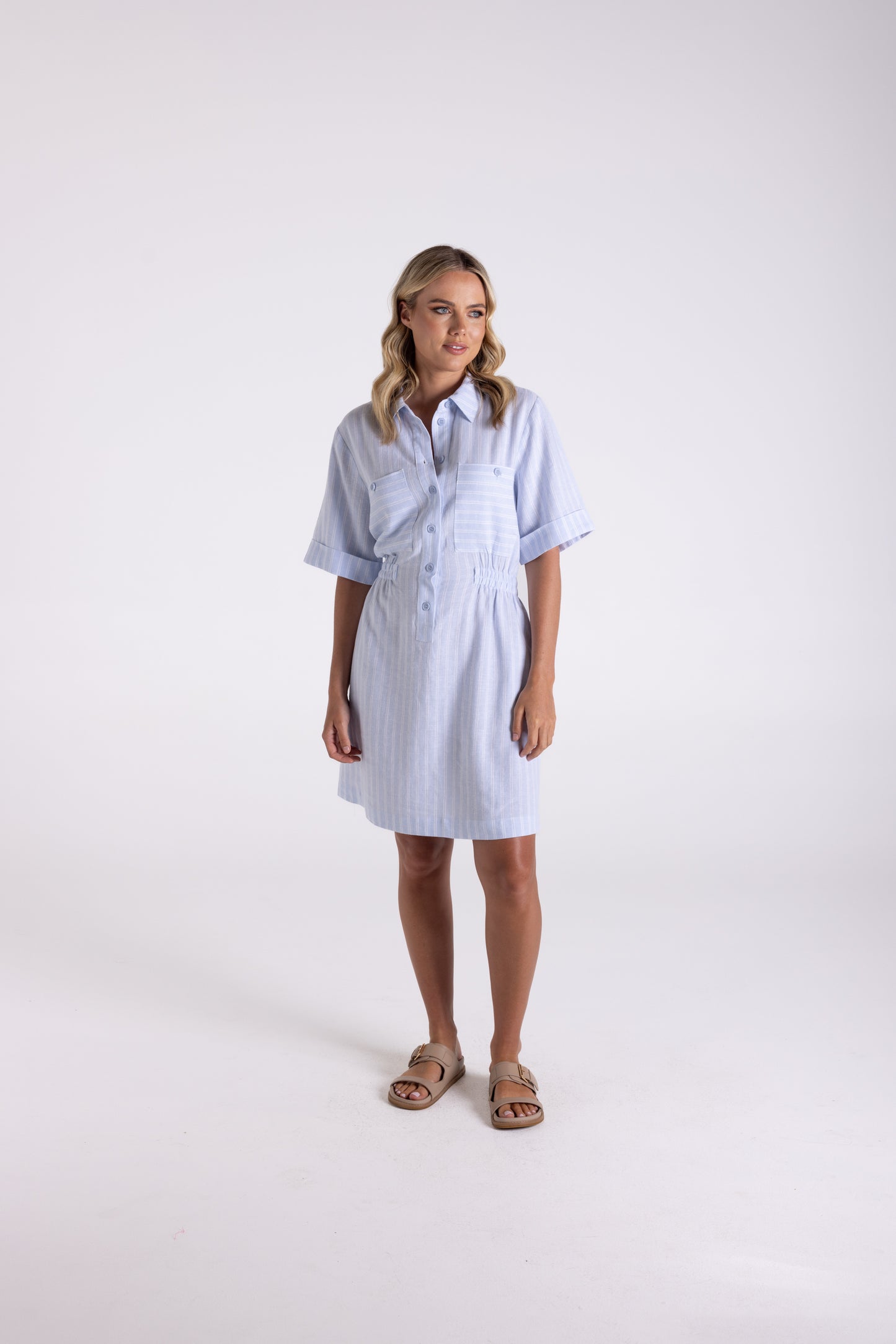 Linen Viscose Stripe Dress - Ice Blue