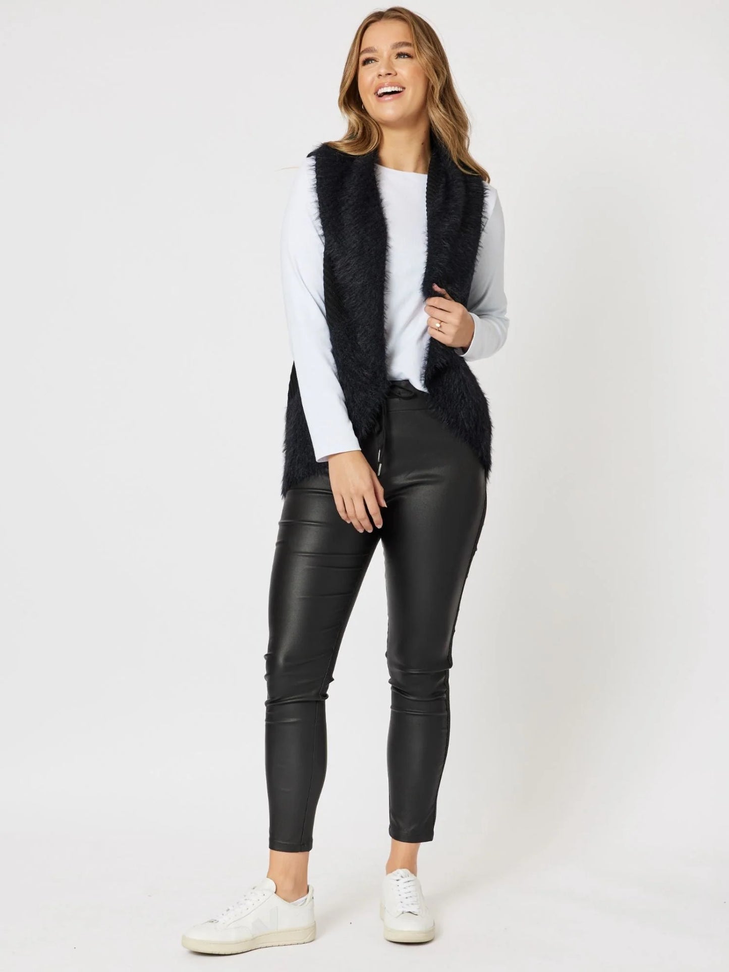 Faux Fur Knit Vest - Black