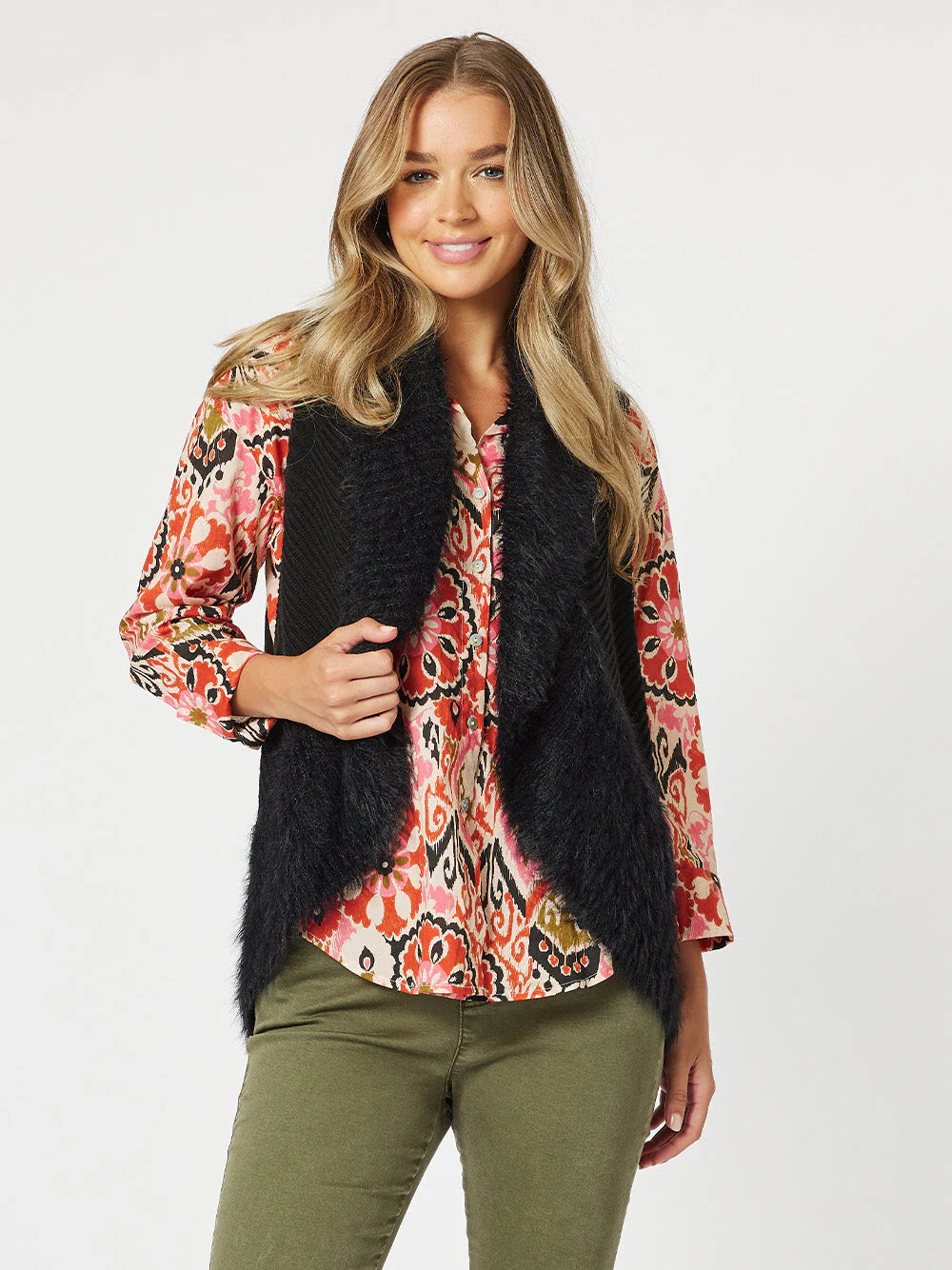 Faux Fur Knit Vest - Black