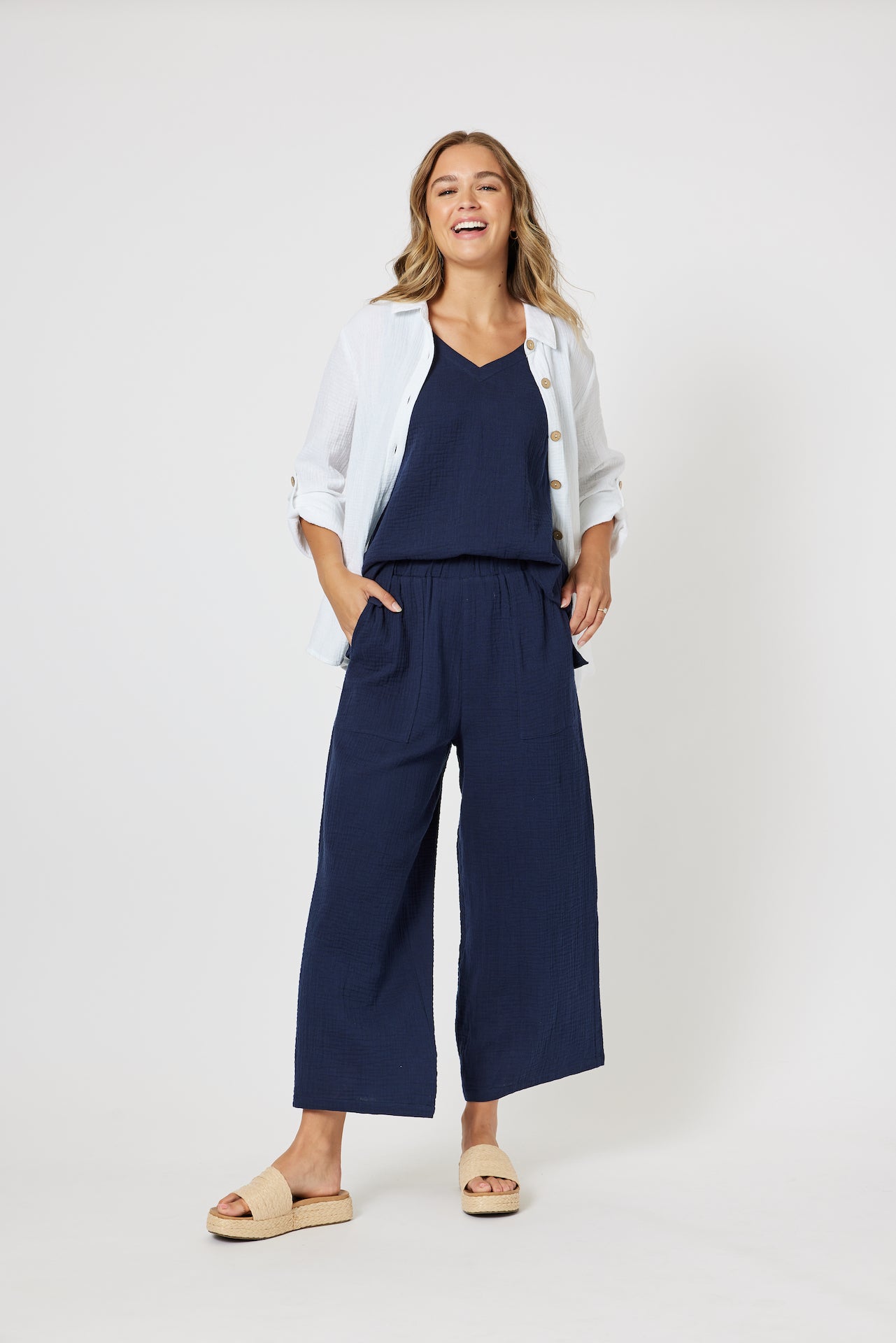 Wide Leg Cotton Pant - Navy