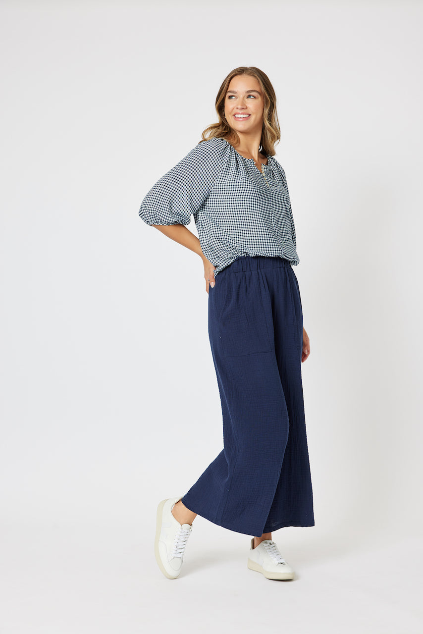 Wide Leg Cotton Pant - Navy
