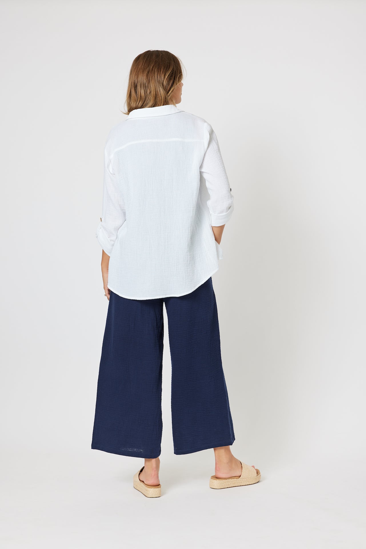 Wide Leg Cotton Pant - Navy