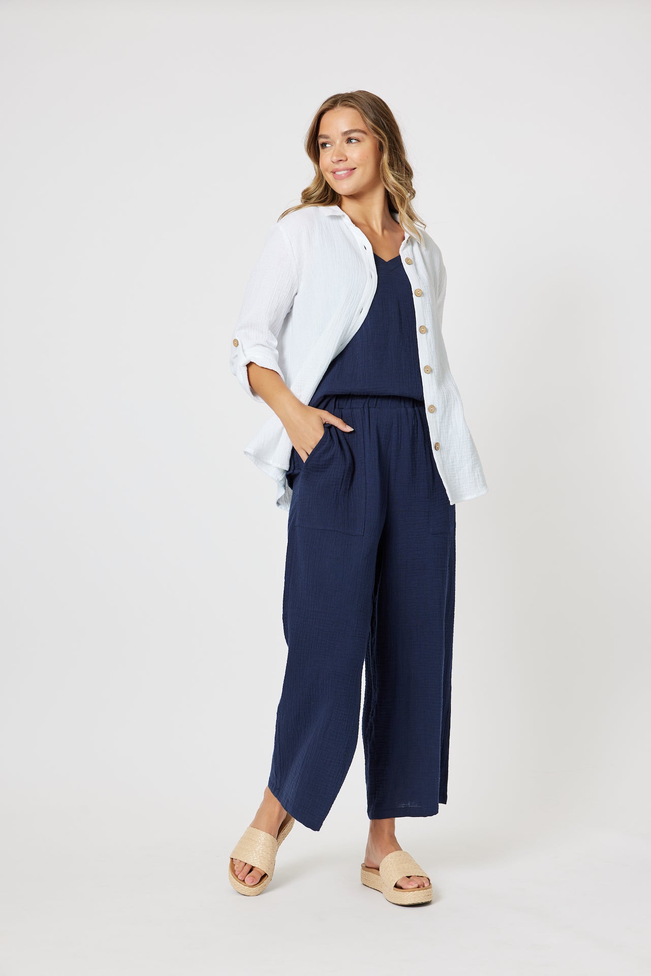 Wide Leg Cotton Pant - Navy