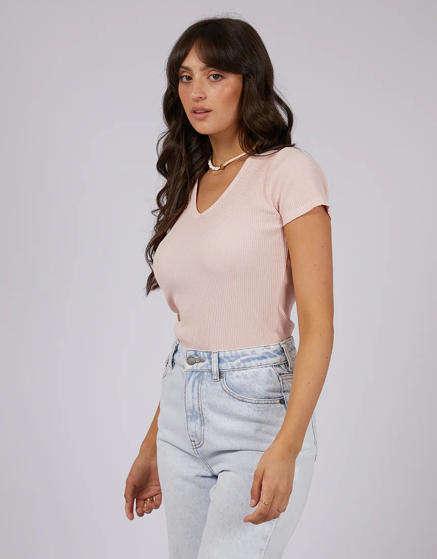 Eve Rib V Neck Tee - Pale Pink