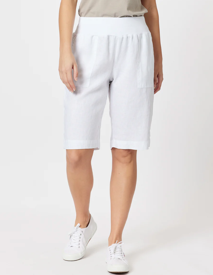 Ribbed Waist Linen Short - White