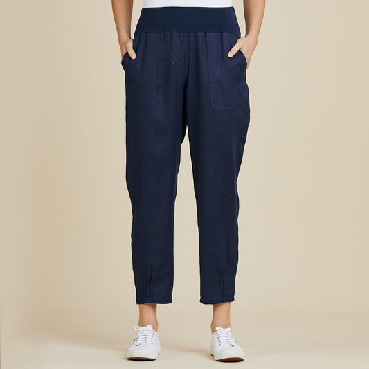 Jersey Waist Linen Pant Women Navy | Lyn Rose Boutique