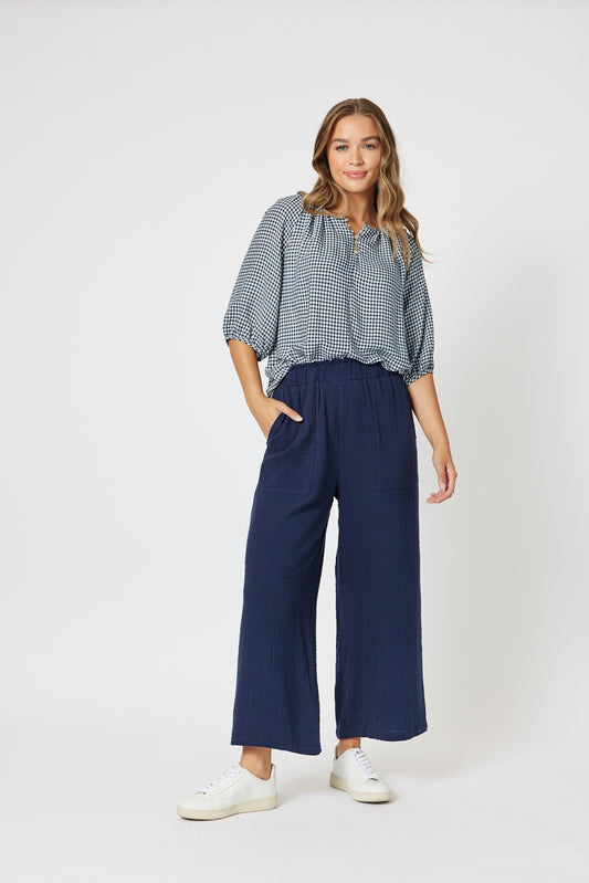 Wide Leg Cotton Pant - Navy