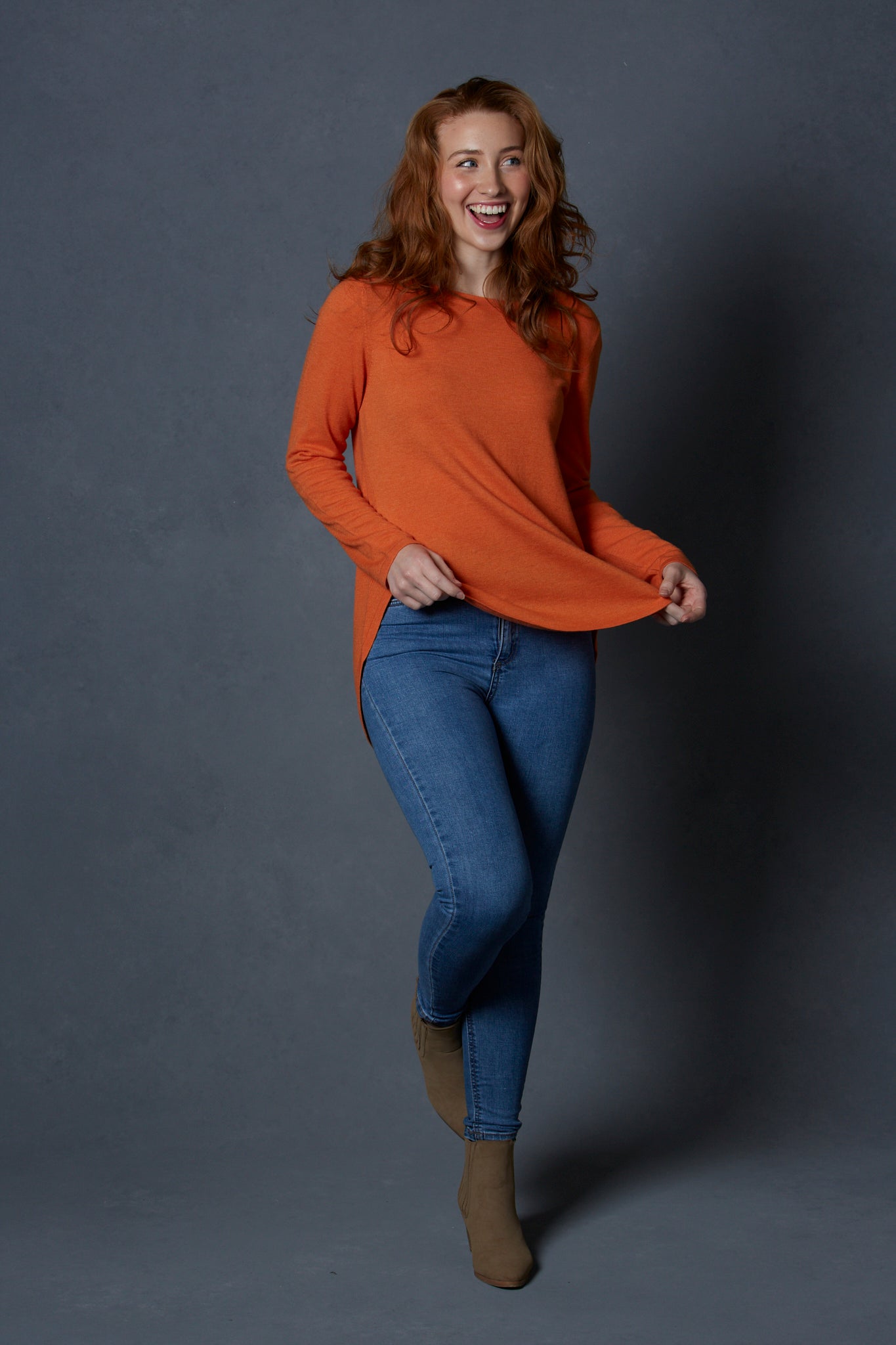 Curved Hem Pullover with Ribbed Back
