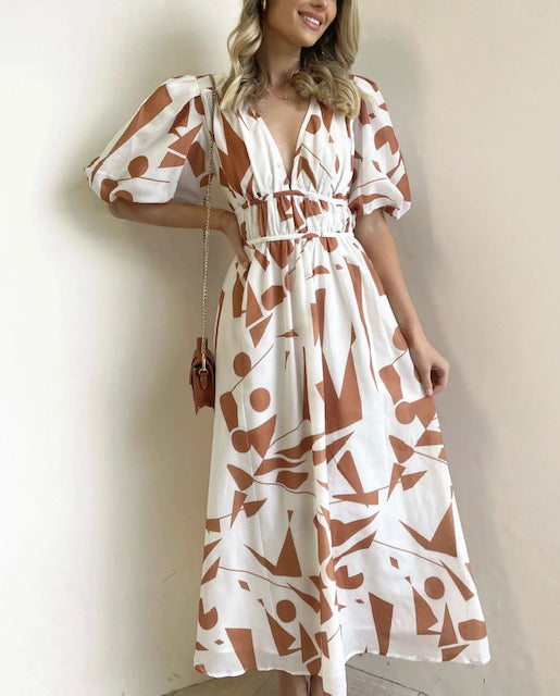 Camilla Midi Dress - White + Tan Combo