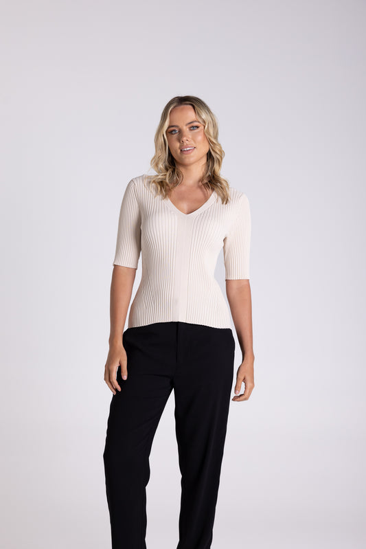 V Neck Rib Top - Natural