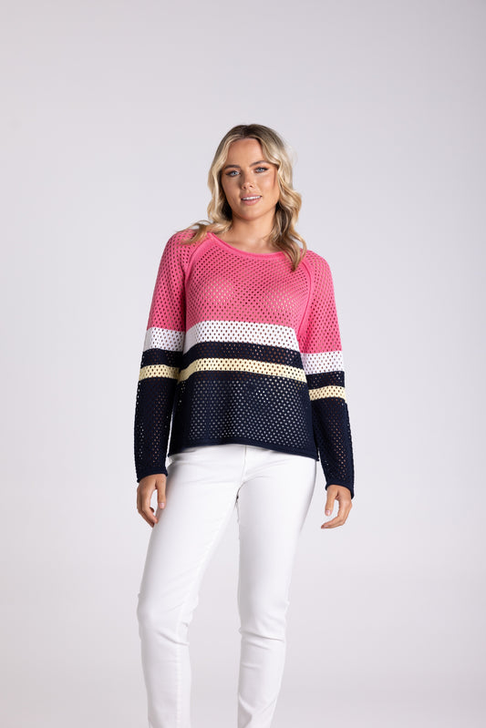 Pointelle Spliced Sweater - Flamingo Combo