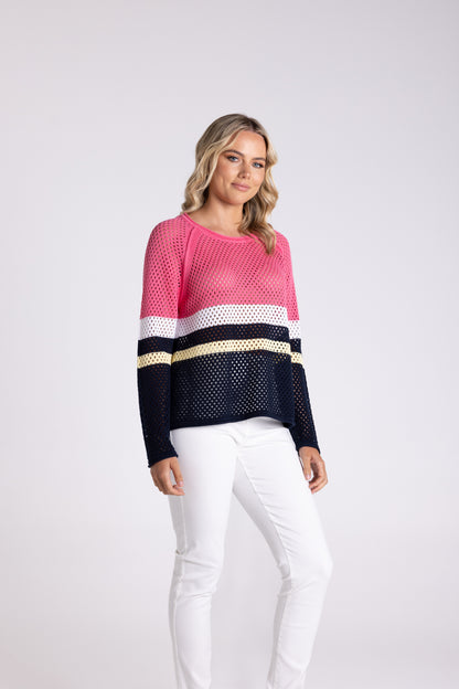 Pointelle Spliced Sweater - Flamingo Combo