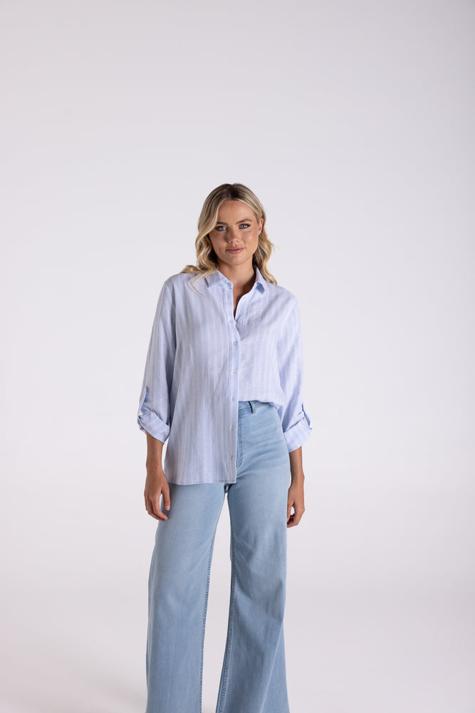 Linen Viscose Stripe Shirt - Ice Blue & White