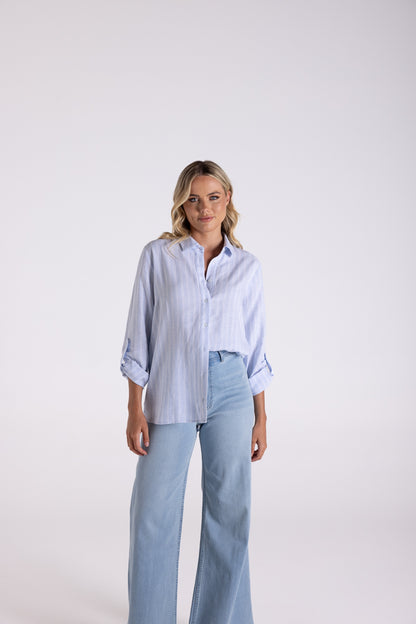 Linen Viscose Stripe Shirt - Ice Blue & White