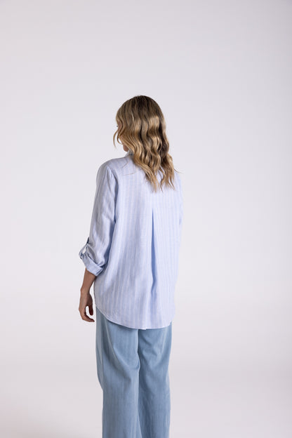 Linen Viscose Stripe Shirt - Ice Blue & White