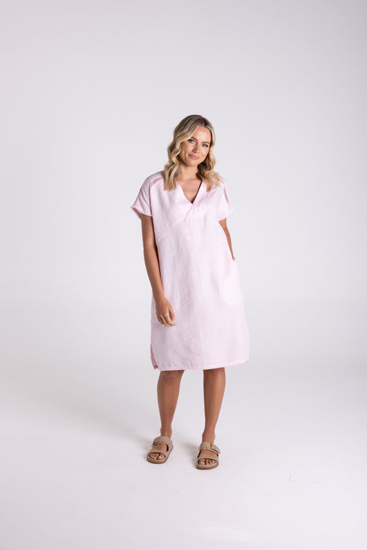 Linen Dress With Fringe Detail - Pink
