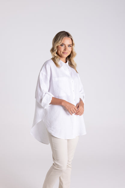 Dropped Shoulder Oversized Linen Shirt - White