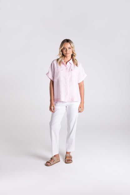 Dropped Shoulder Oversized Linen Shirt - Pink