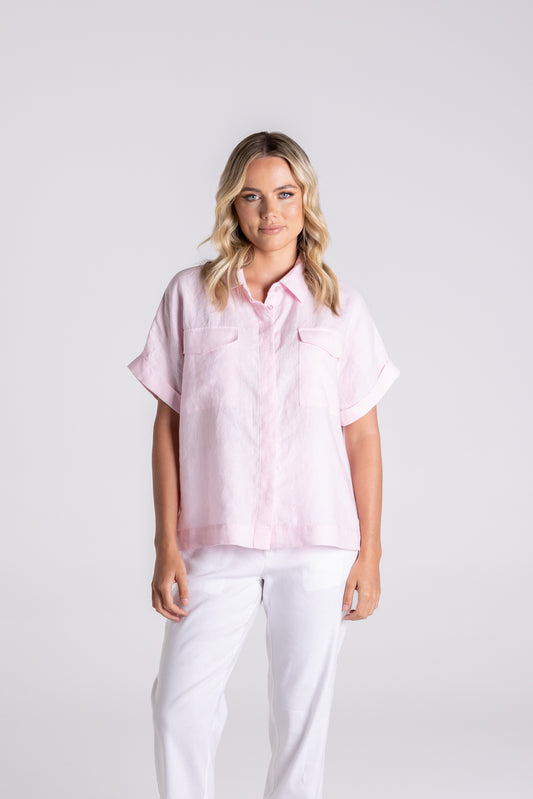 Dropped Shoulder Oversized Linen Shirt - Pink