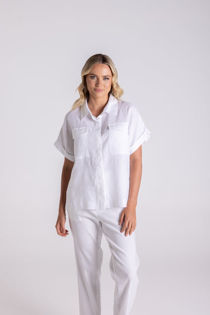 Dropped Shoulder Oversized Linen Shirt - White