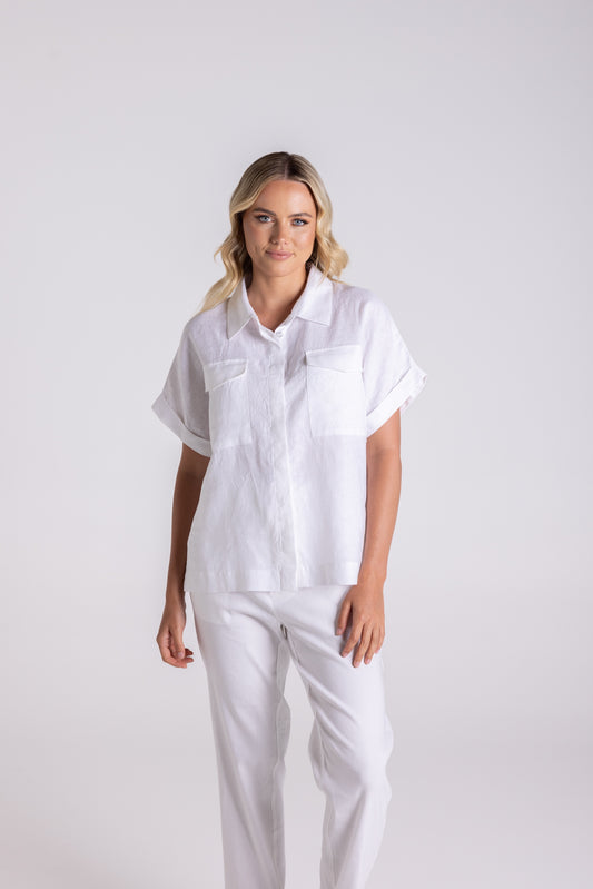 Dropped Shoulder Oversized Linen Shirt - White