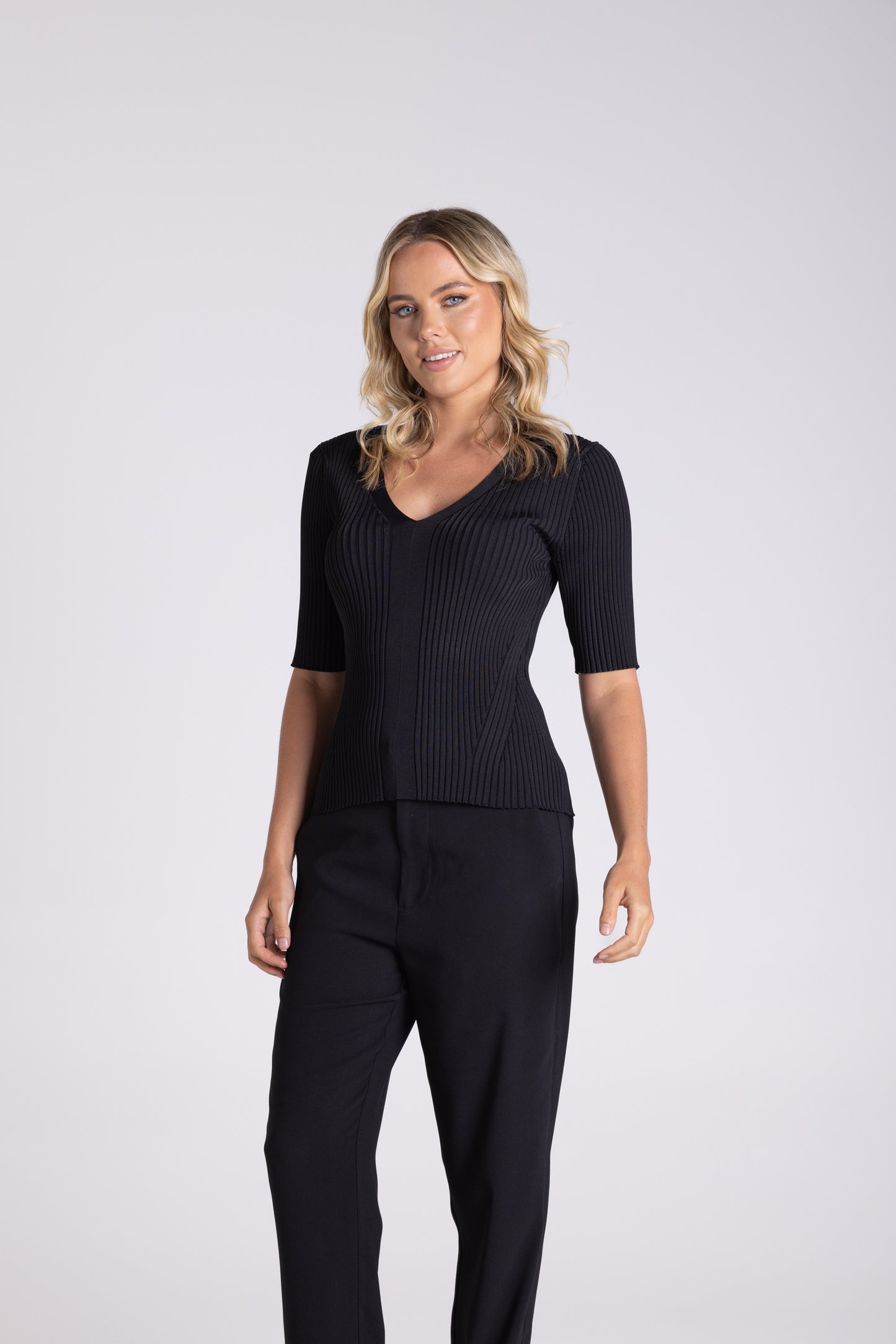 V -Neck Rib Top - Black