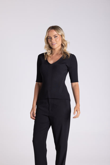 V -Neck Rib Top - Black