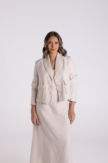 Crop Tweed Linen Jacket with Fringe - Natural