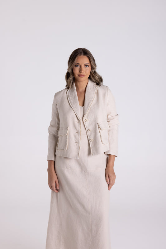 Crop Tweed Linen Jacket with Fringe - Natural