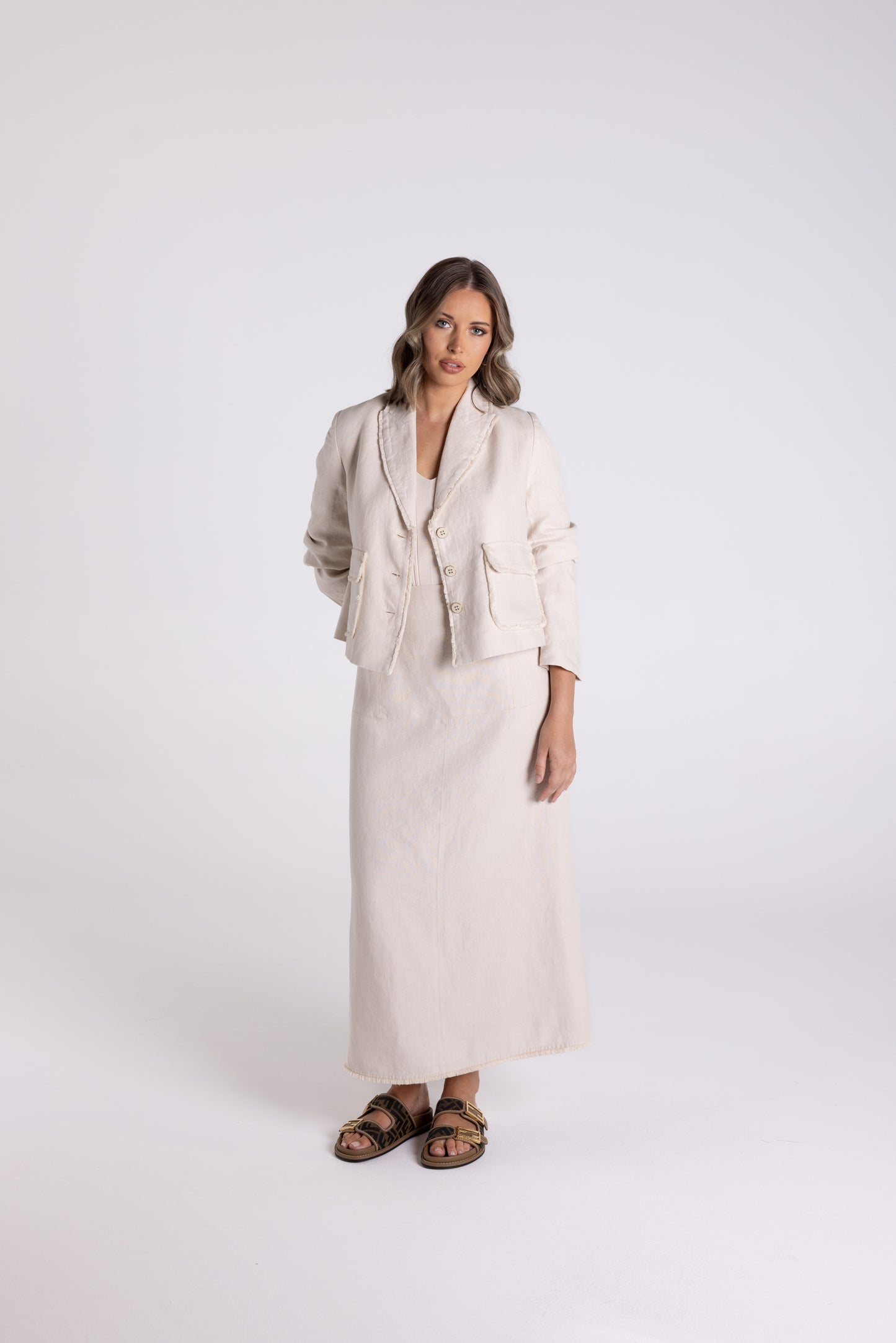 Crop Tweed Linen Jacket with Fringe - Natural