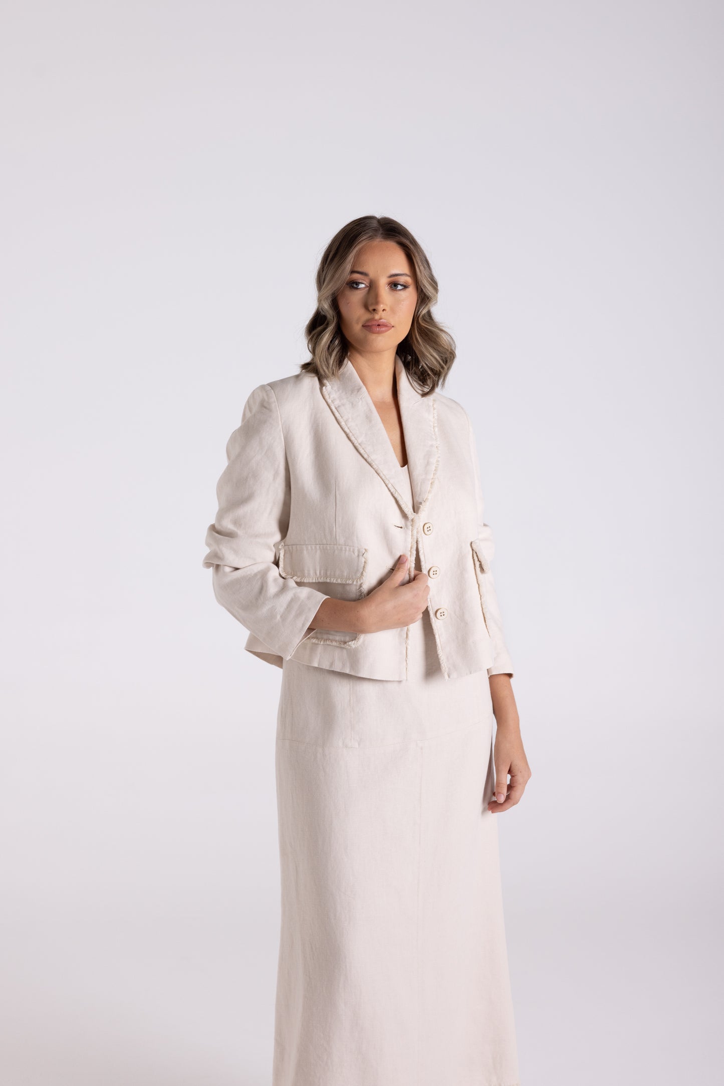 Crop Tweed Linen Jacket with Fringe - Natural