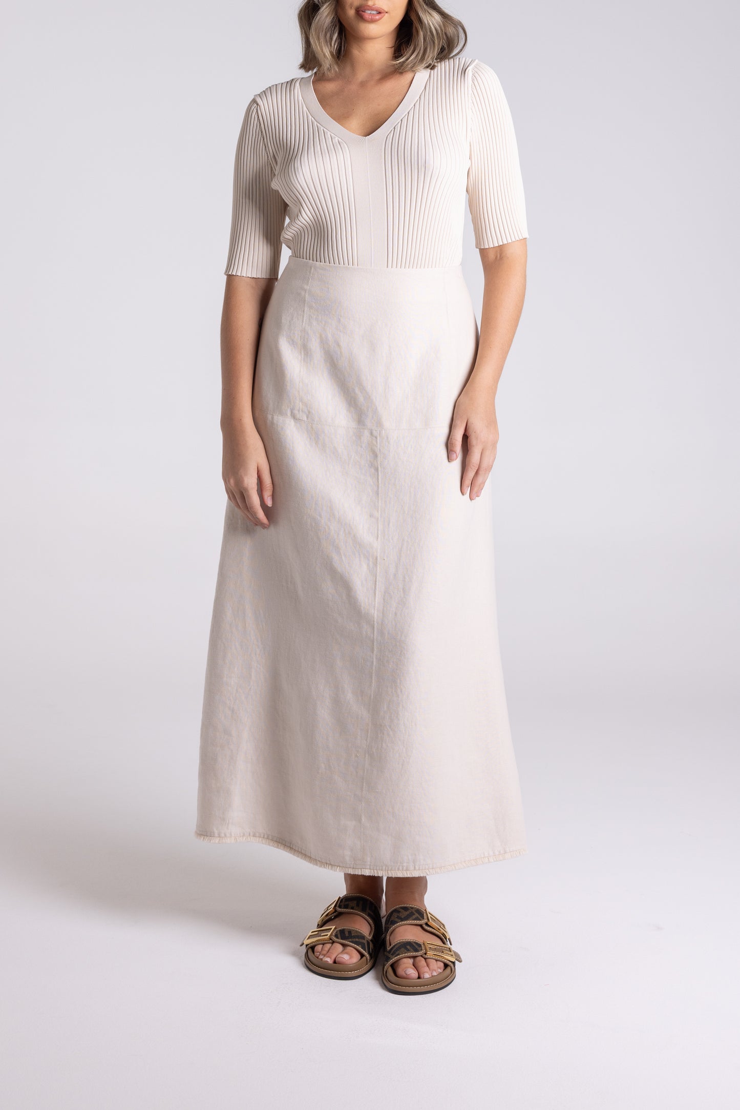 Linen Tweed Midi Skirt - Natural