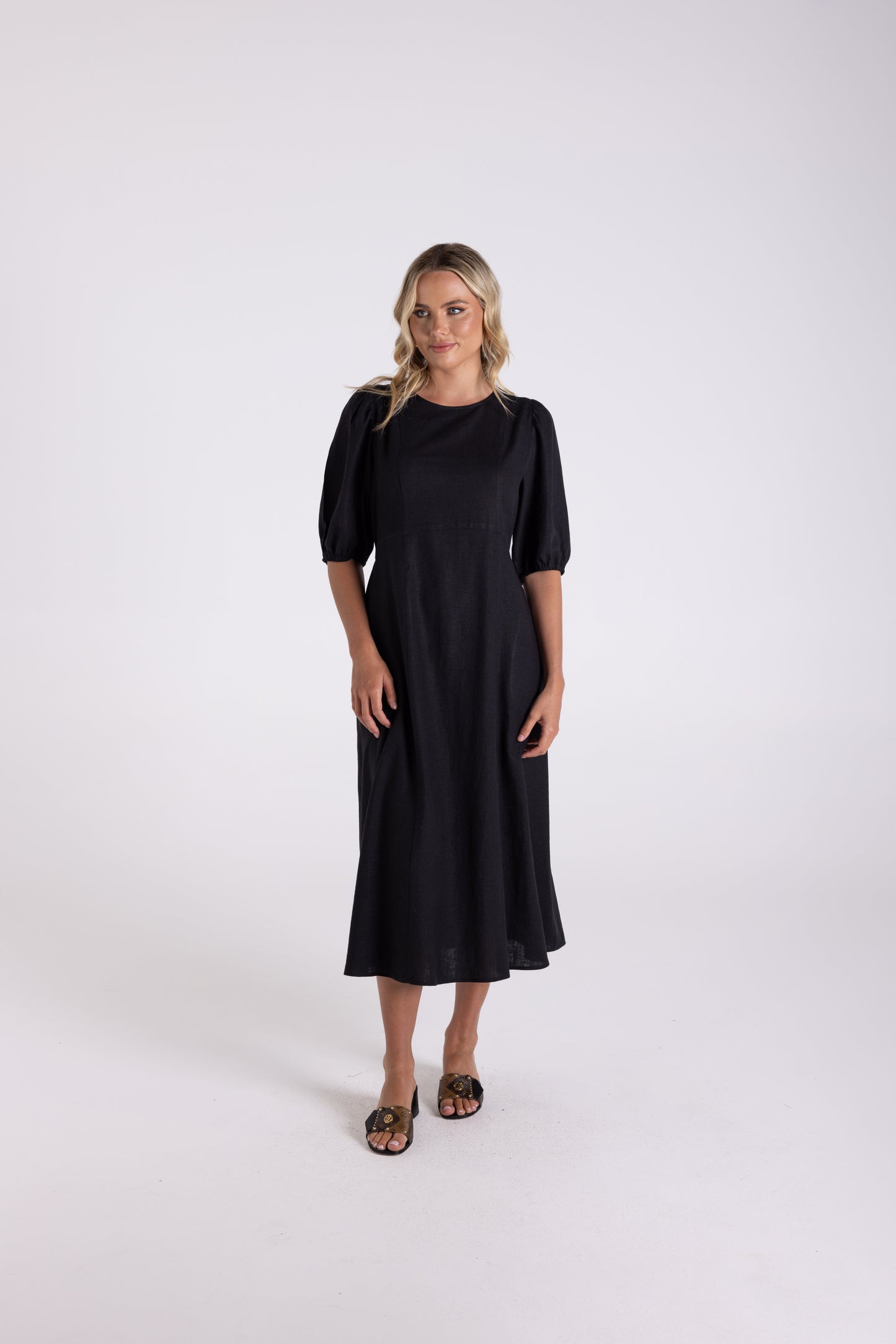 Linen Viscose Midi Dress - Black