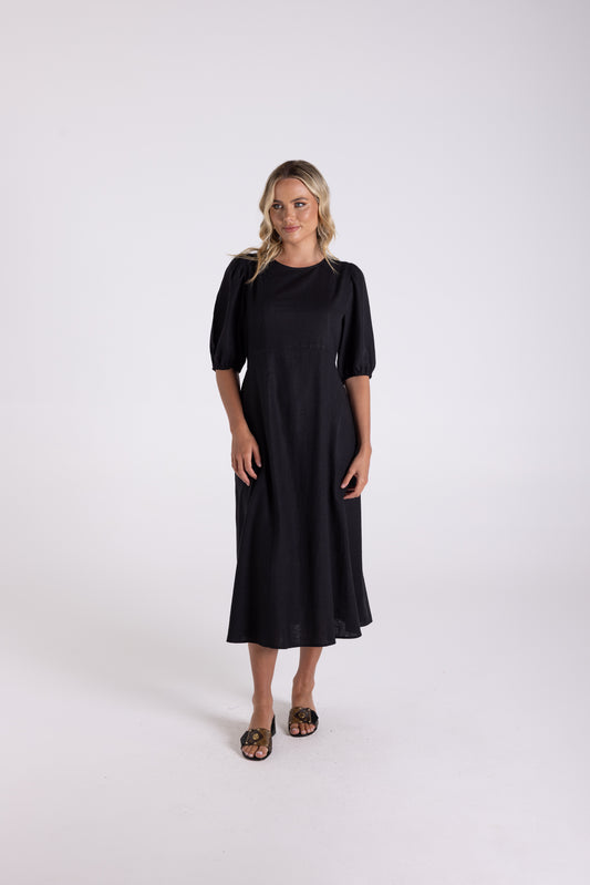 Linen Viscose Midi Dress - Black