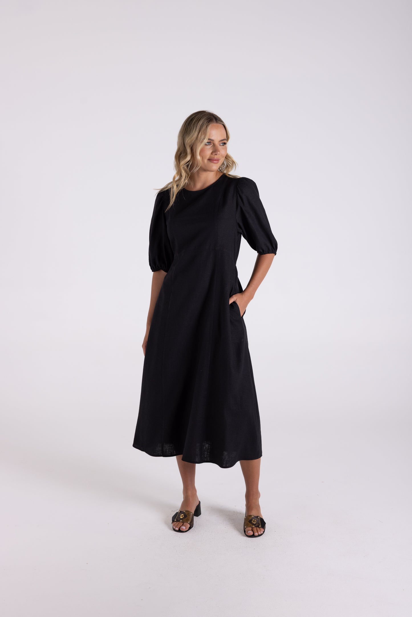 Linen Viscose Midi Dress - Black