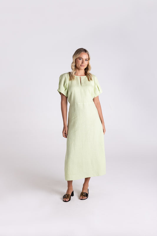 Linen Midi Dress - Lime