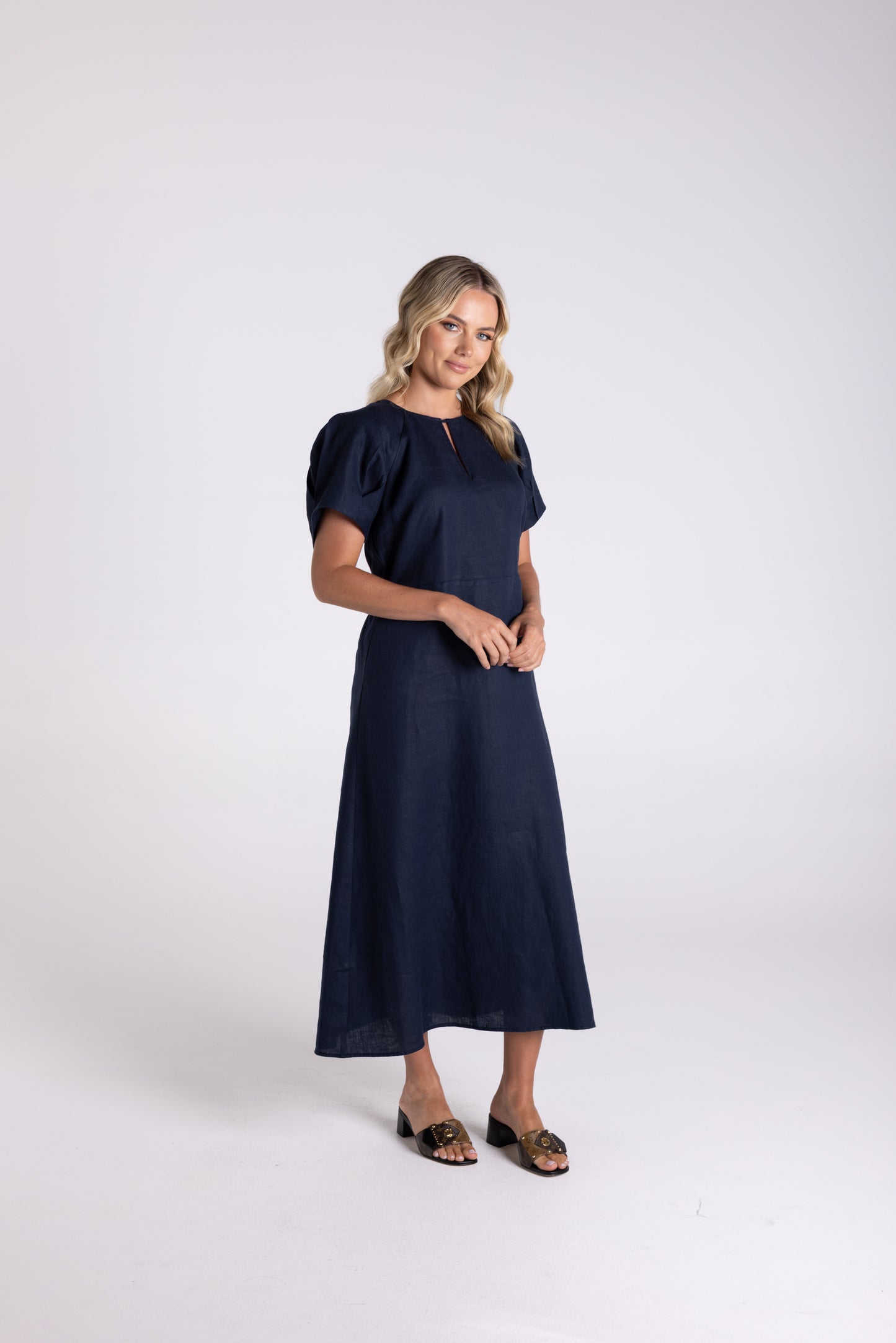 Linen Midi Dress - Navy