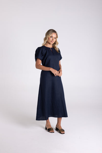Linen Midi Dress - Navy