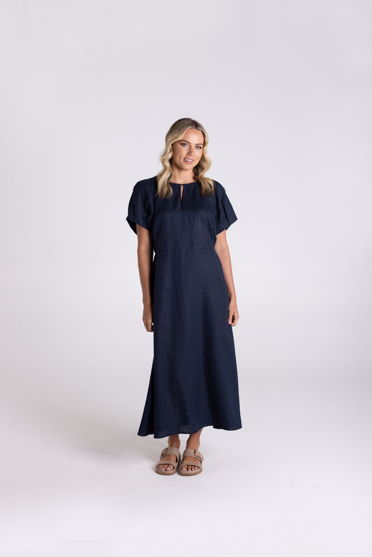 Linen Midi Dress - Navy