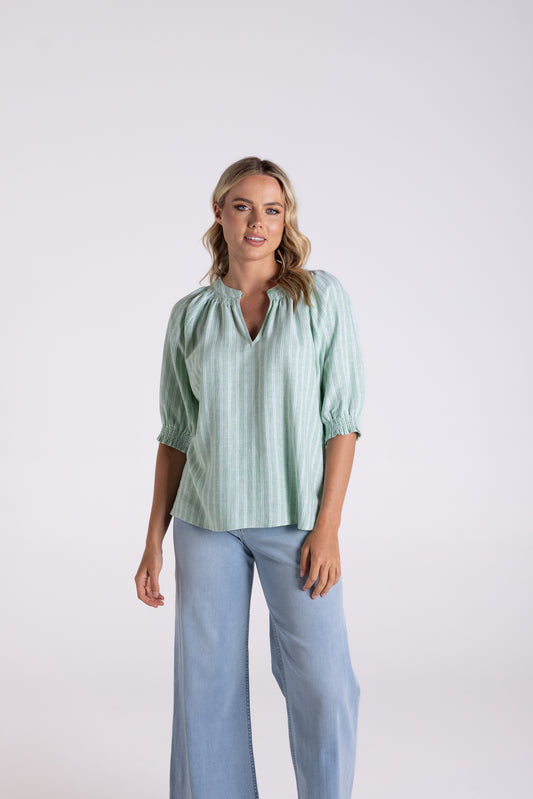 Linen Viscose Stripe Top - Fern
