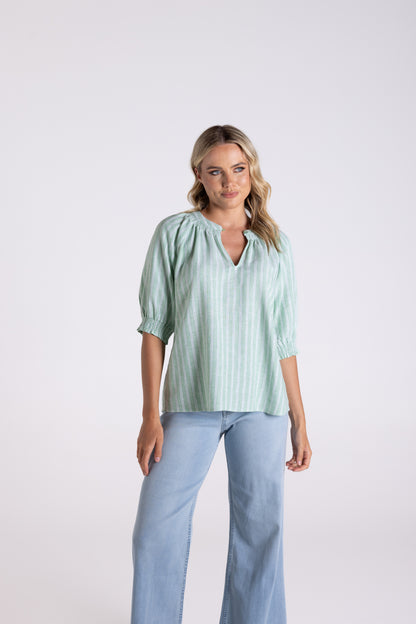 Linen Viscose Stripe Top - Fern